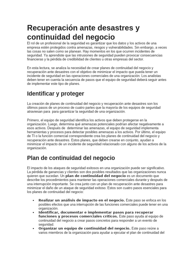 Recuperación Ante Desastres y Continuidad Del Negocio | PDF ...