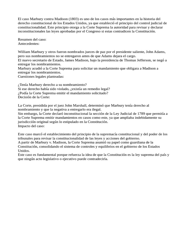 Resumen del caso Marbury vs Madison | PDF