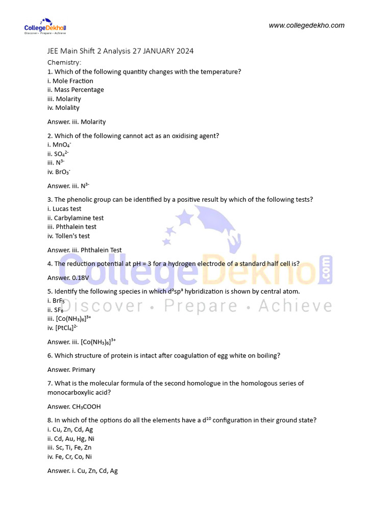 Jee Main Shift 2 Analysis 27 January 2024 Chemistry | PDF