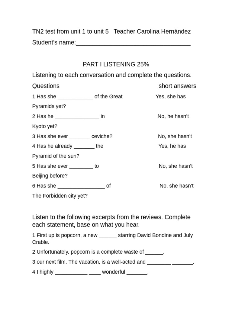TN2 Test: Listening, Speaking, Grammar, Writing | PDF