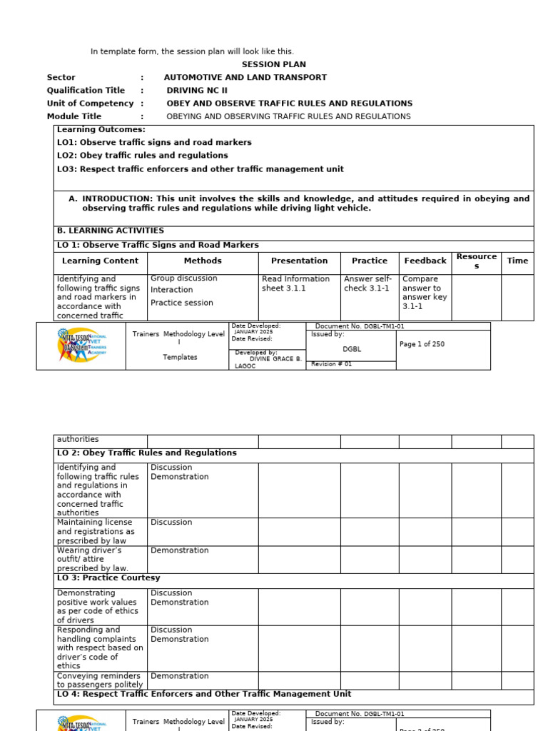 Traffic Rules Training Session Plan | PDF | Traffic