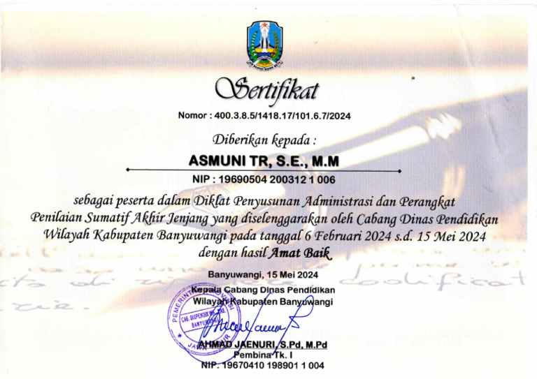 Sertifikat Asmuni TR DR Cabdin 2024 | PDF