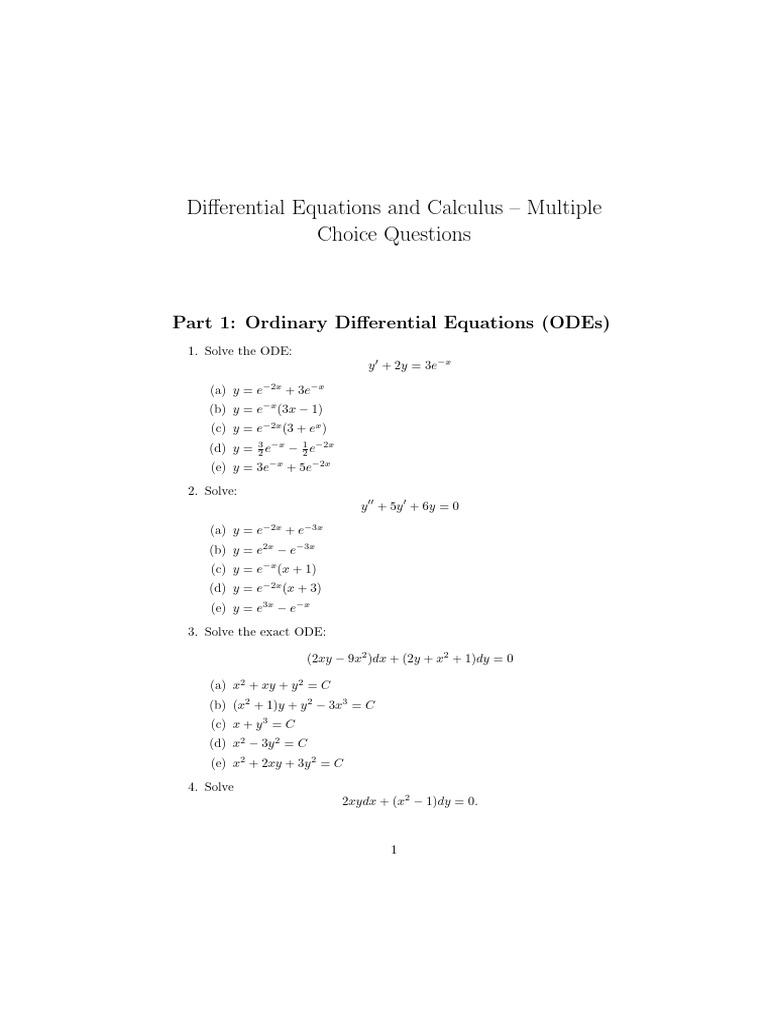 Differential Equations MCQs and Solutions | PDF | Partial Differential ...