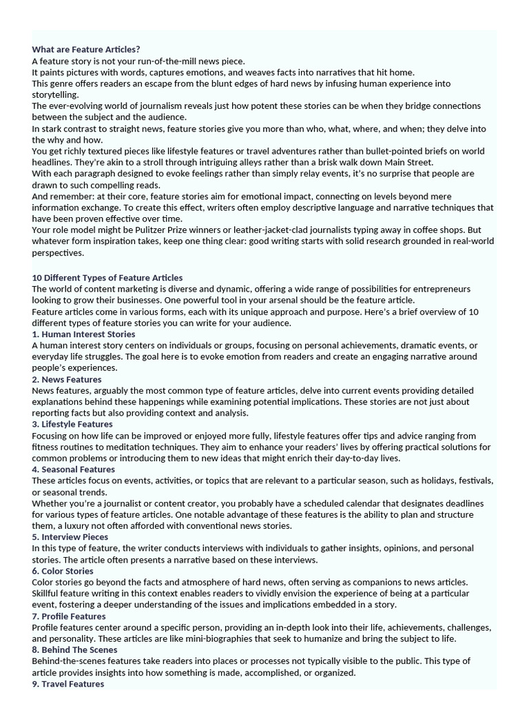 Understanding Feature Articles | PDF | Narrative | News