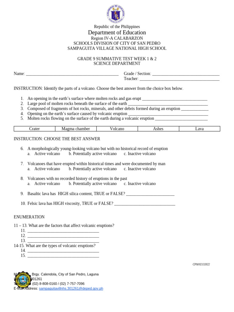 Grade 9 Science Volcano Test Guide | PDF | Volcano | Lava