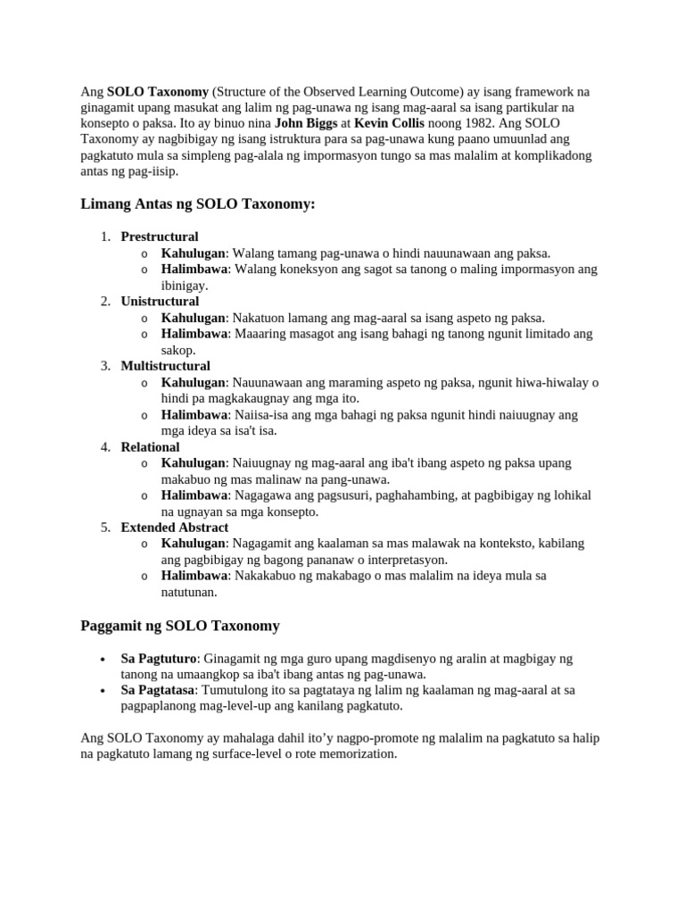 Solo Taxonomy Stands For