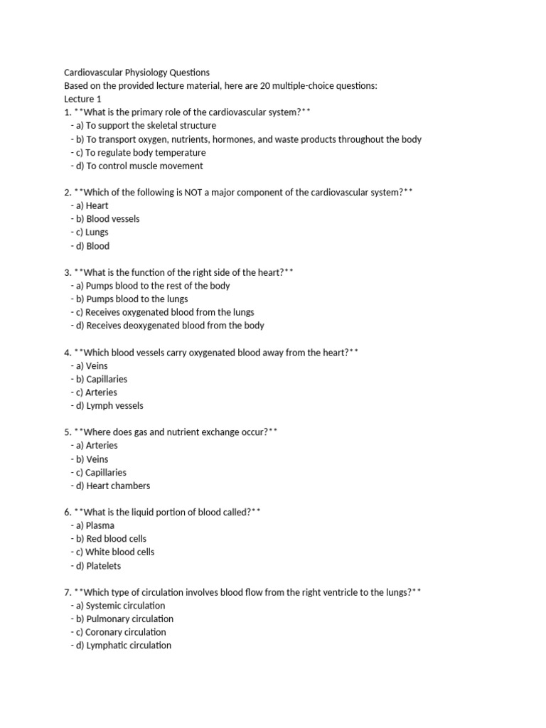 Cardiovascular Physiology MCQs Guide | PDF | Heart | Electrocardiography