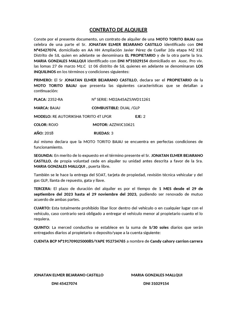 Contrato de Alquiler Moto Torito Bajaj | PDF