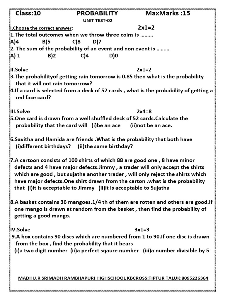 Probability Test For Class 10 Pdf
