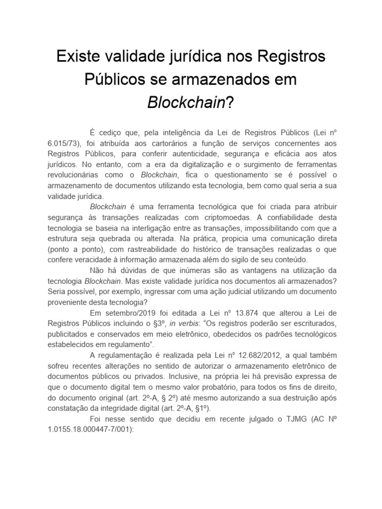 Validade Jurídica de Registros em Blockchain | PDF