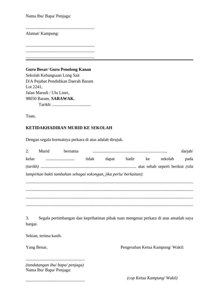 Surat Ketidakhadiran Murid Ke Sekolah 2024 Pdf
