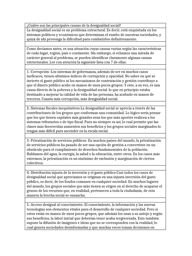 ¿Cuáles Son Las Principales Causas de La Desigualdad Social | PDF ...