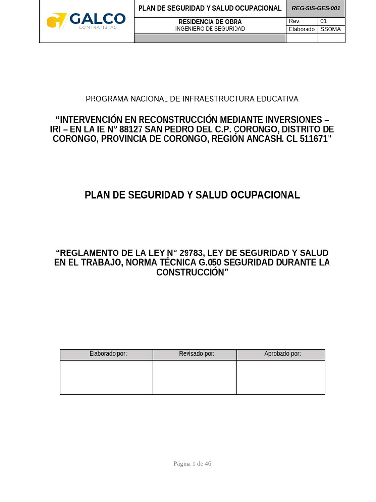 Plan de Seguridad y Salud Ocupacional | PDF | Seguridad y salud ocupacional