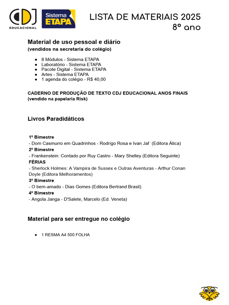 Lista de Materiais 8º Ano 2025 | PDF