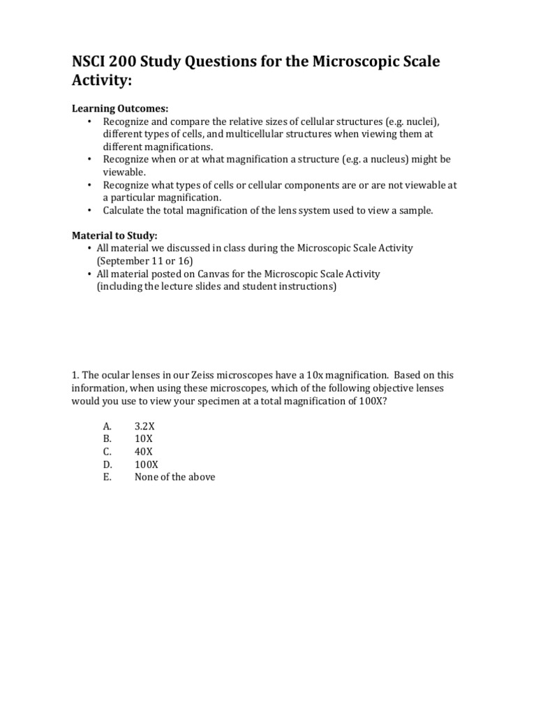 Study+Questions+for+Microscopic+Scale+Activity+2024 | PDF | Microscope ...
