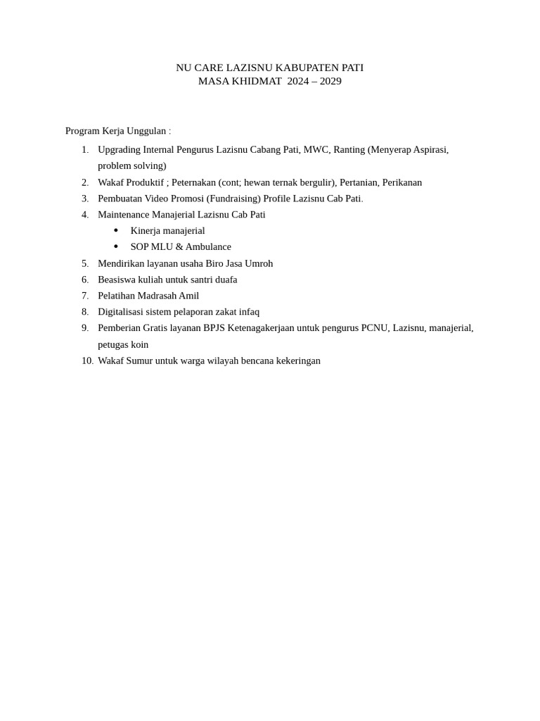Program Kerja Lazisnu Pati 2024-2029 | PDF