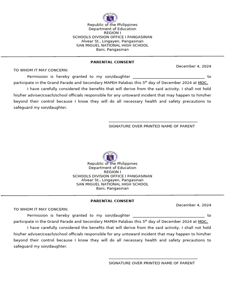 Parental Consent for School Event | PDF
