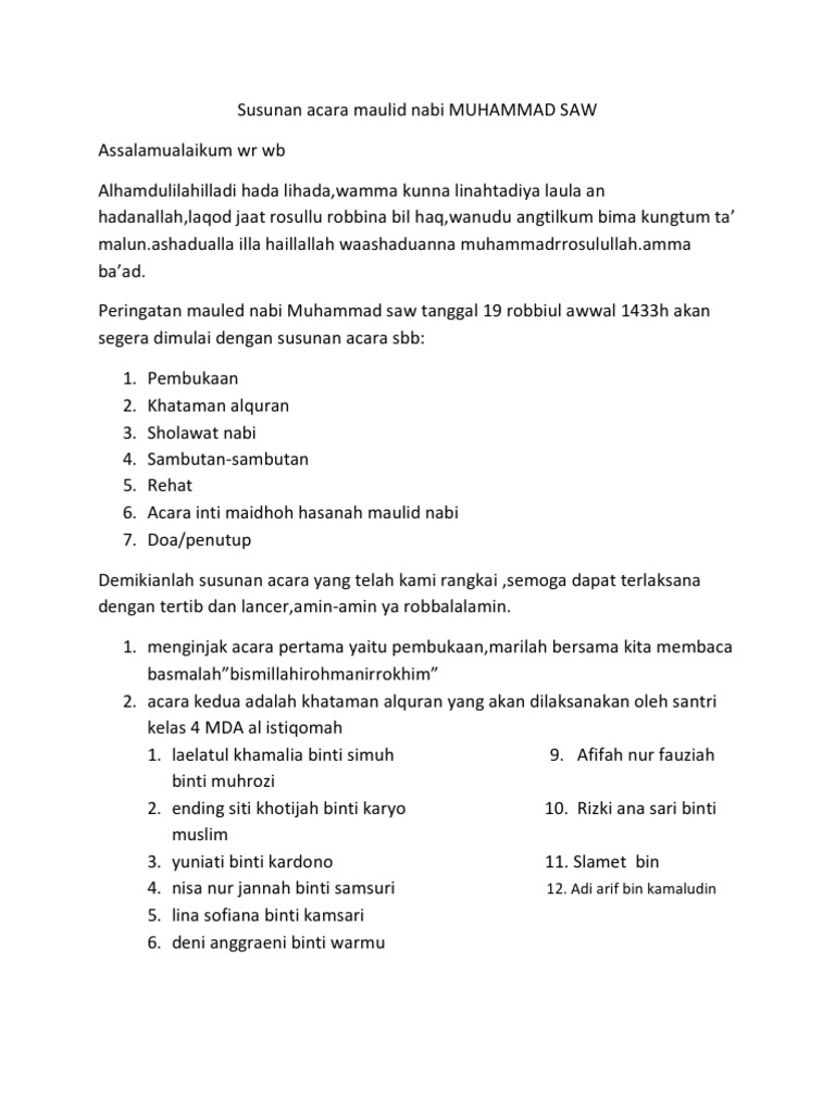 Susunan Acara Maulid Nabi Muhammad Saw