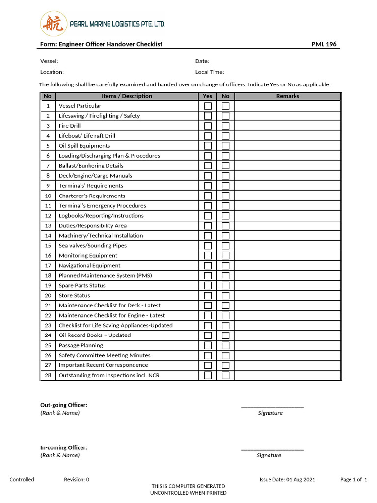 Engineer Officer Handover Checklist | PDF | Ships | Water Transport