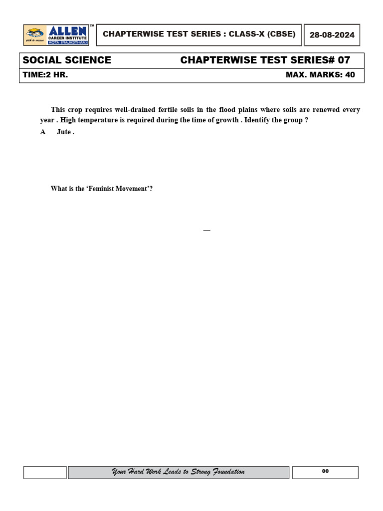 Class X Social Science Test Series | PDF | Cost Of Living