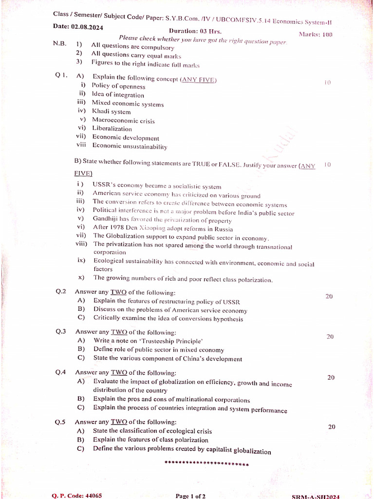 Economic System Sem 4 (Questions Paper) | PDF