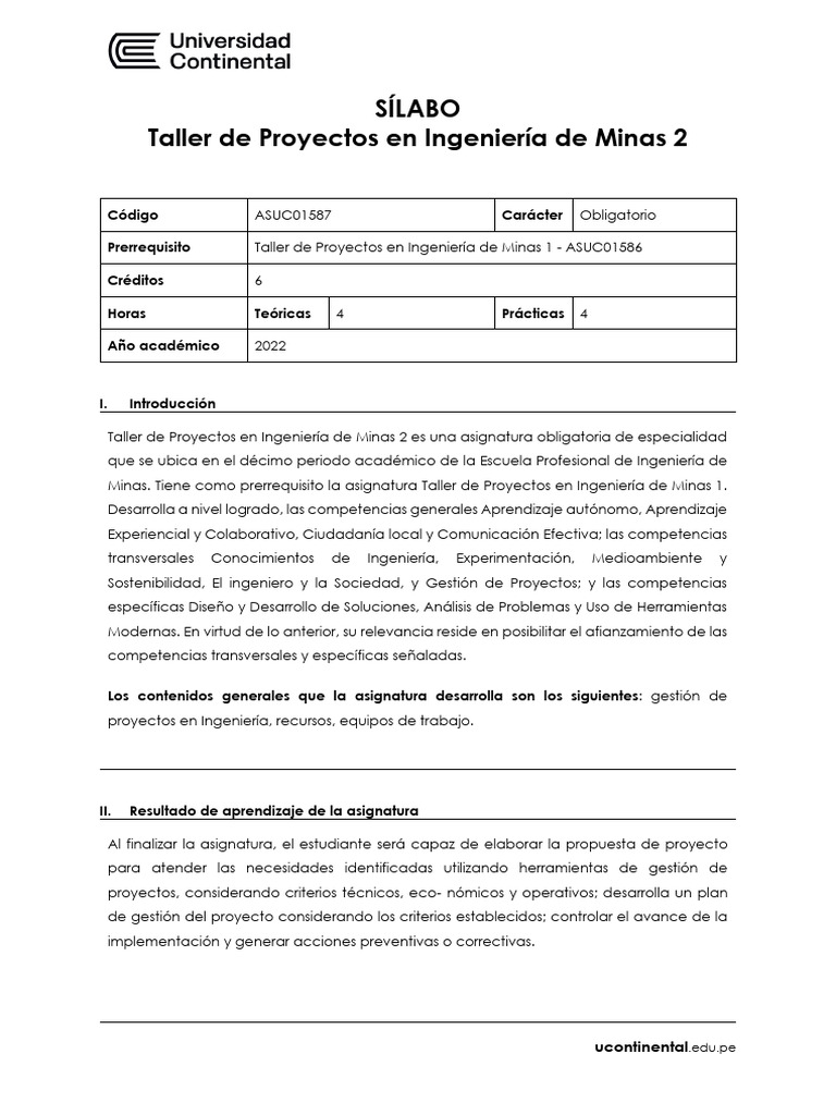 Sílabo Taller de Proyectos en Ingeniería de Minas 2 | PDF | Ingeniería ...
