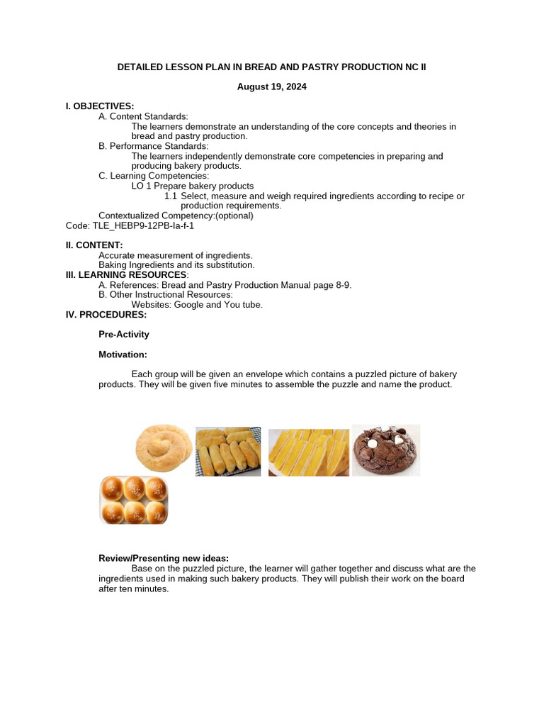 DETAILED LESSON PLAN IN BREAD AND PASTRY PRODUCTION NC I1 new august 19 ...