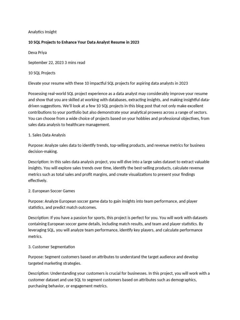 10 SQL Projects To Enhance Your Data Analyst Resume in 2023 | PDF ...