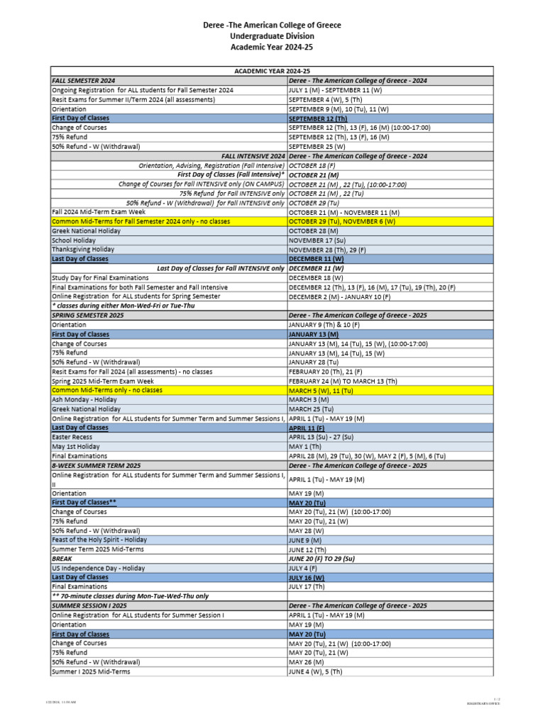 Deree Academic Calendar 2024-25 | PDF | Academic Term | Academia
