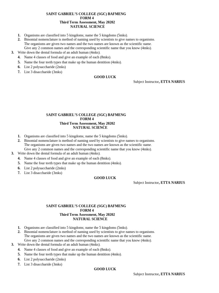 FORM 4 SGC May 2022 | PDF | Animal Anatomy | Mouth