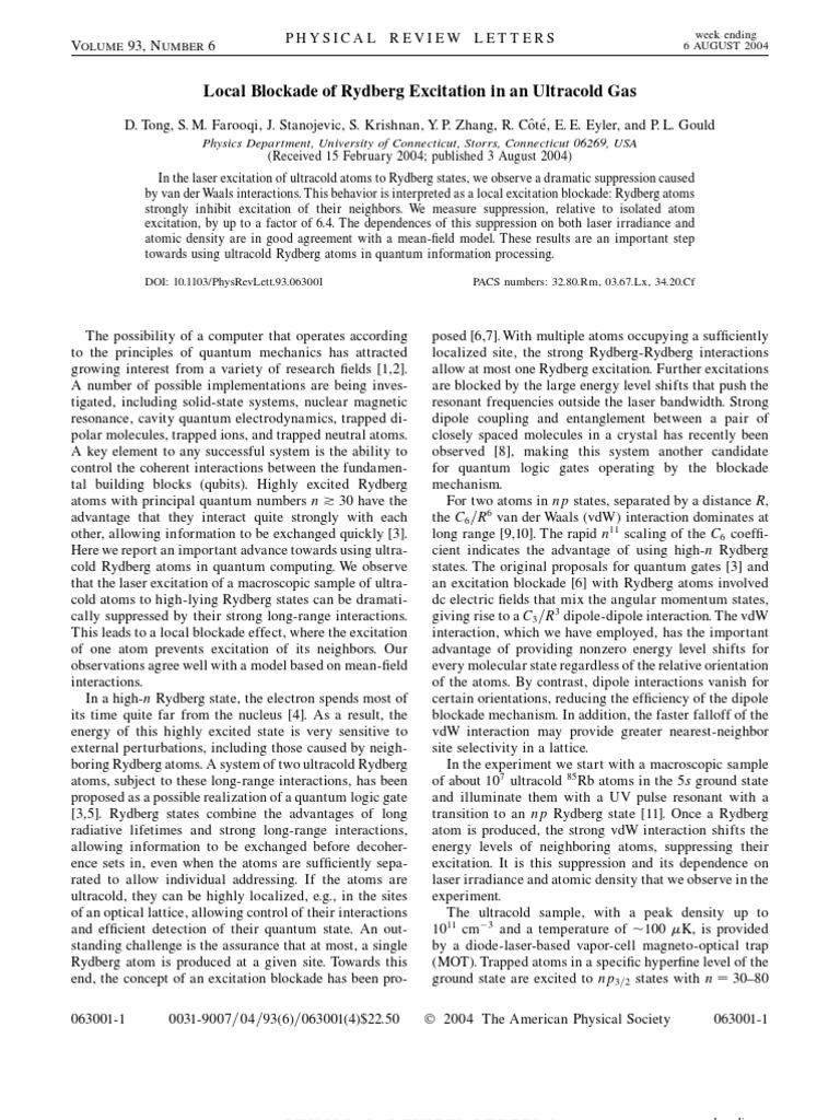 D. Tong Et Al - Local Blockade of Rydberg Excitation in An Ultracold ...