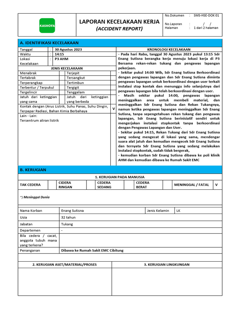 Laporan Kecelakaan Kerja Pt Kashofa Pdf
