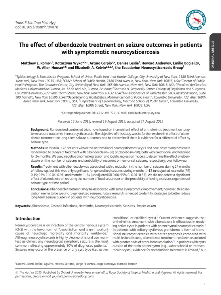 The Effect of Albendazole Treatment On Seizure Outcomes in Patients ...