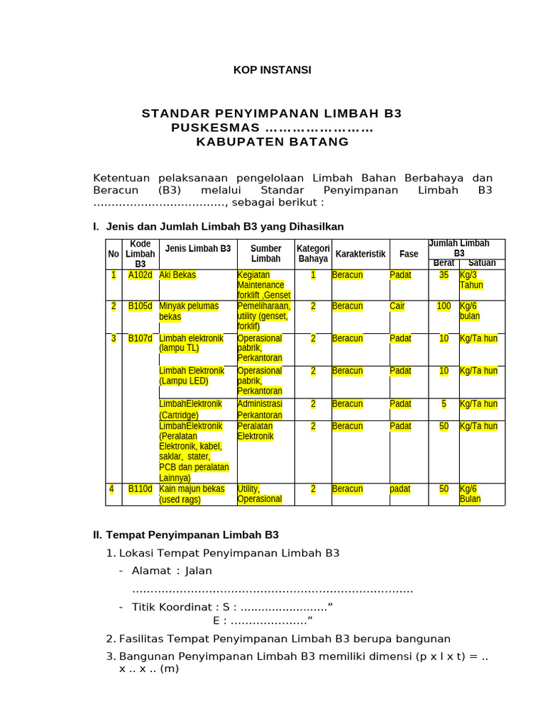 Form Standar Penyimpanan LB3 | PDF