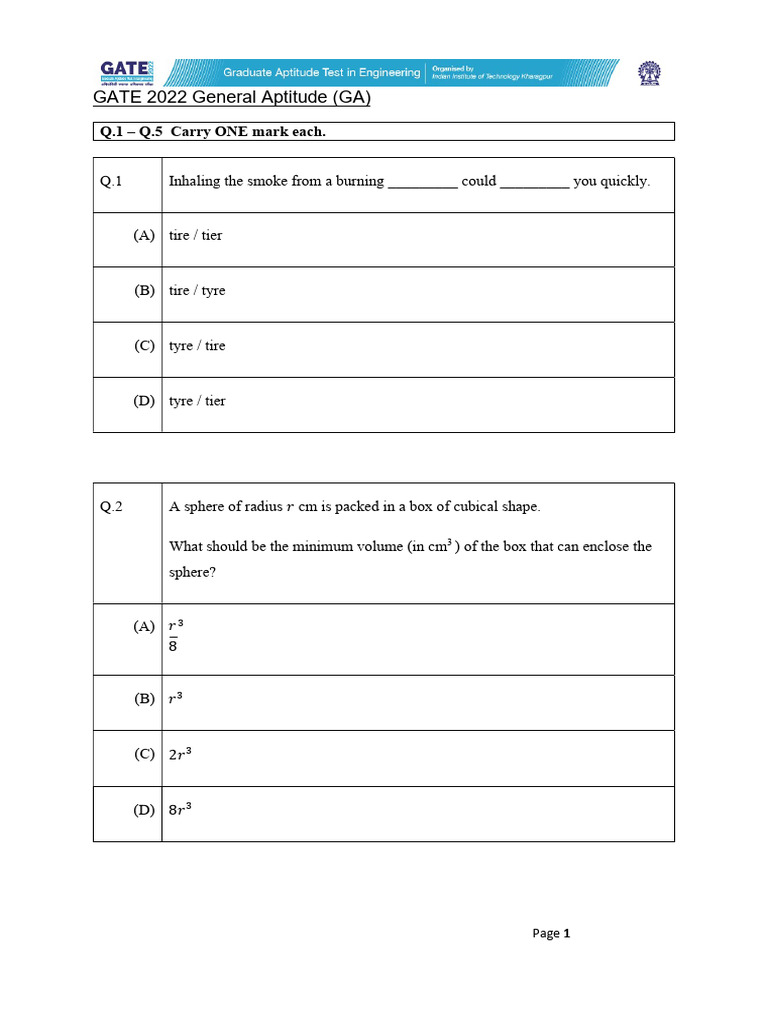 GATE 2022 Aptitude Questions | PDF | Sphere