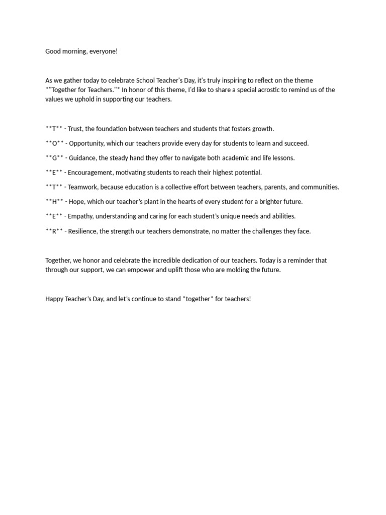 Teacher S Day Acrostic Celebration Pdf