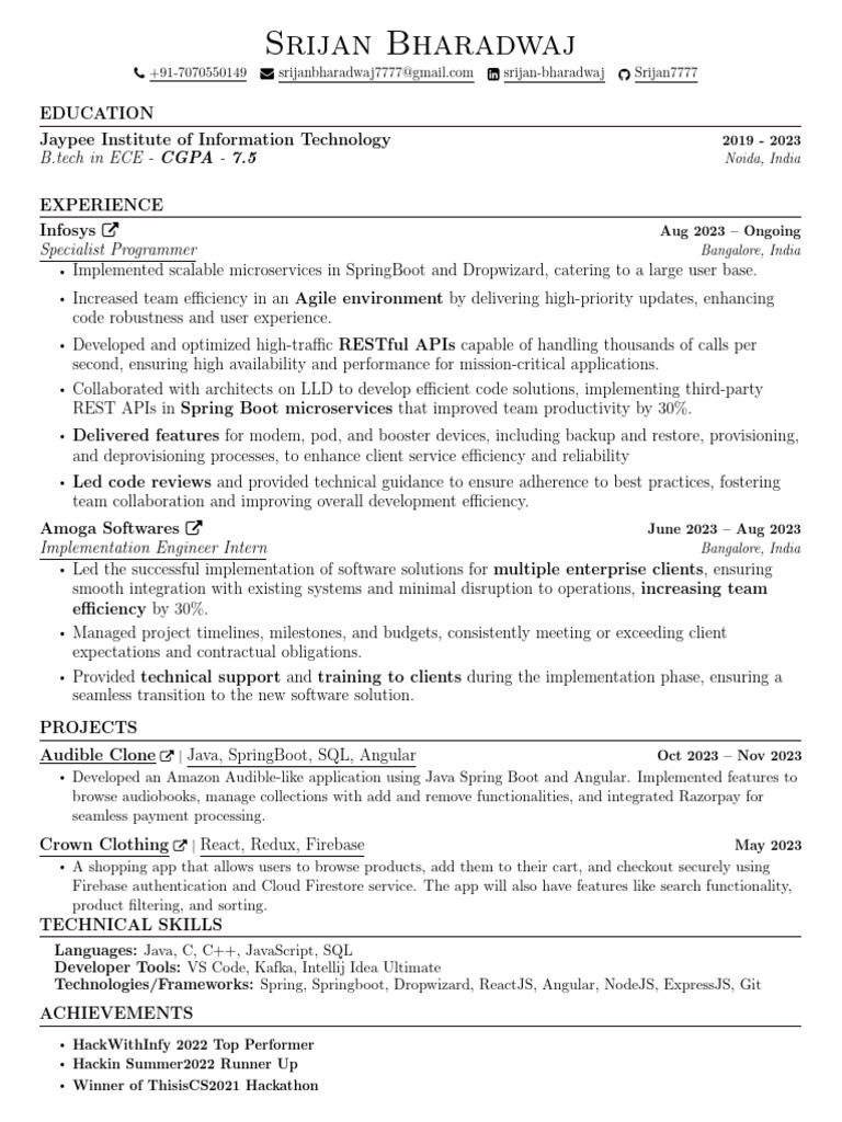 Srijan Bharadwaj: Software Engineer Profile | PDF | Software | Java ...
