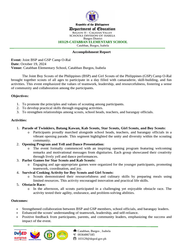BSP-GSP Camp O-Ral Accomplishment Report | PDF | Scouting | Human ...