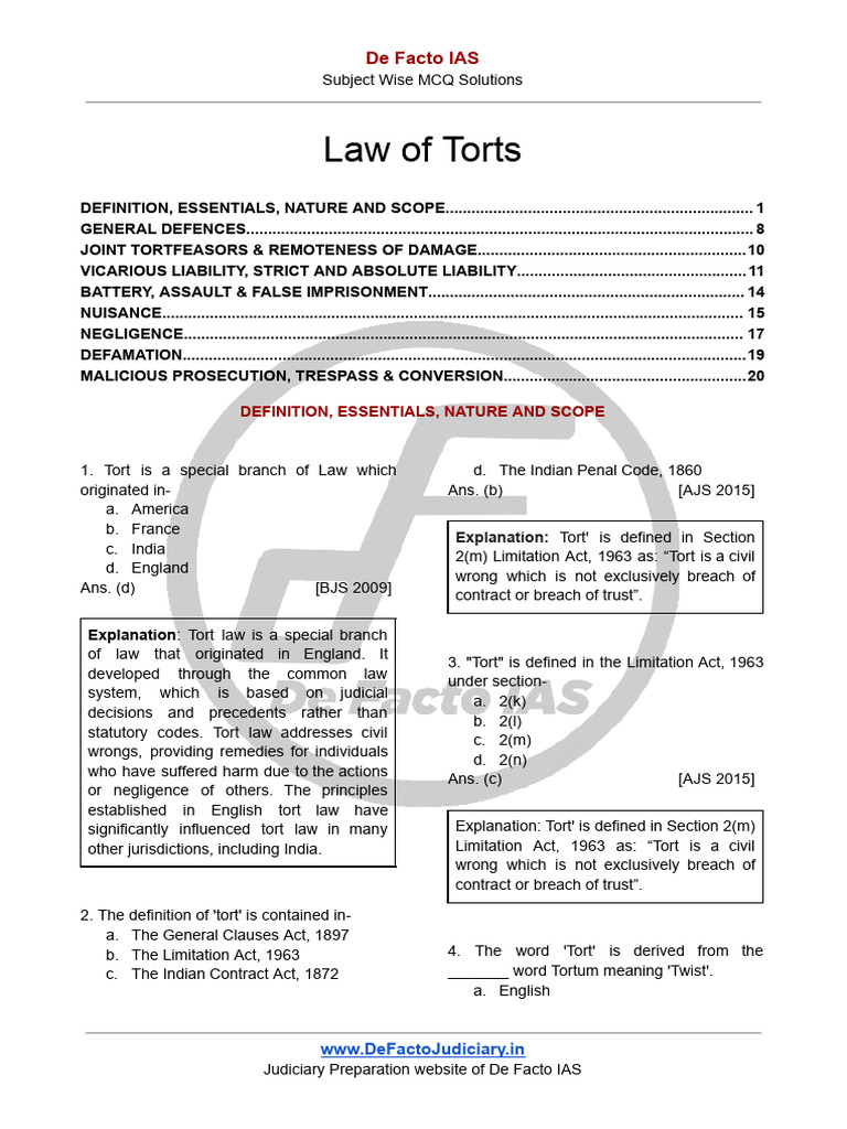 Law of Torts | PDF | Tort | Legal Liability