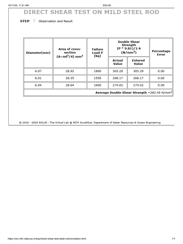 Direct Shear Test Results for Steel Rod | PDF