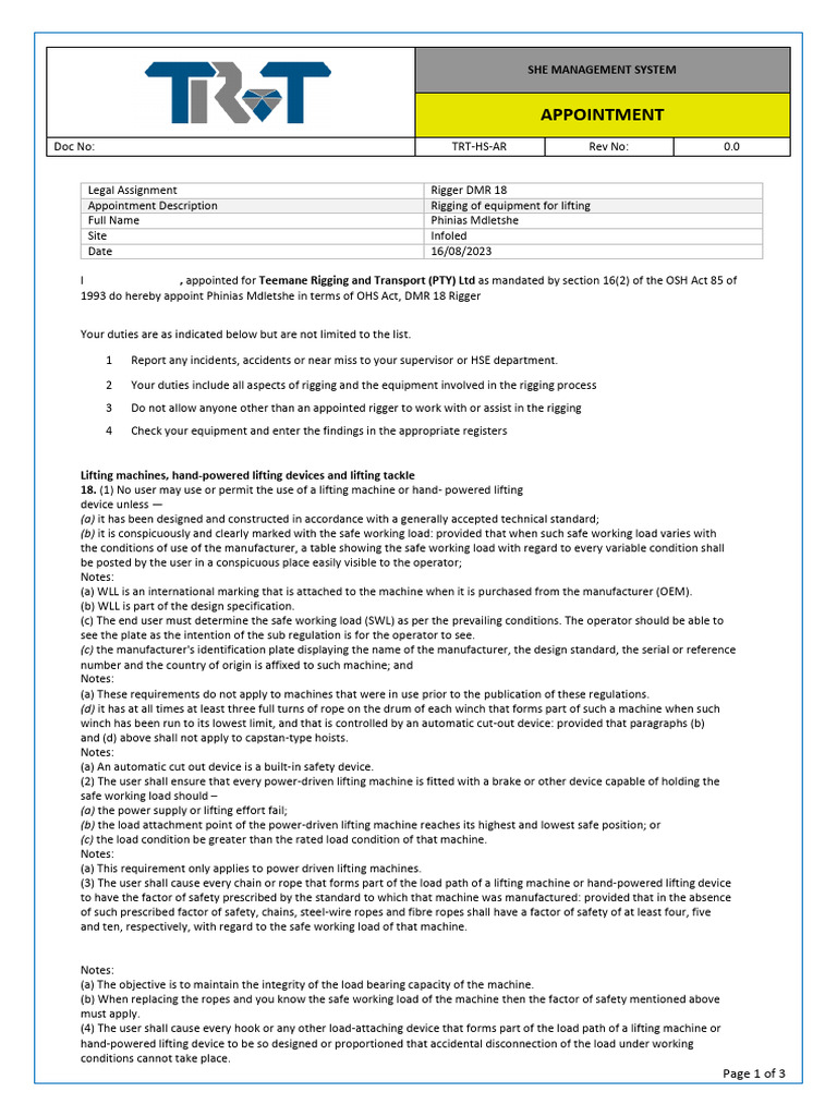 Rigger Appointment under OHS Act | PDF | Crane (Machine) | Rope