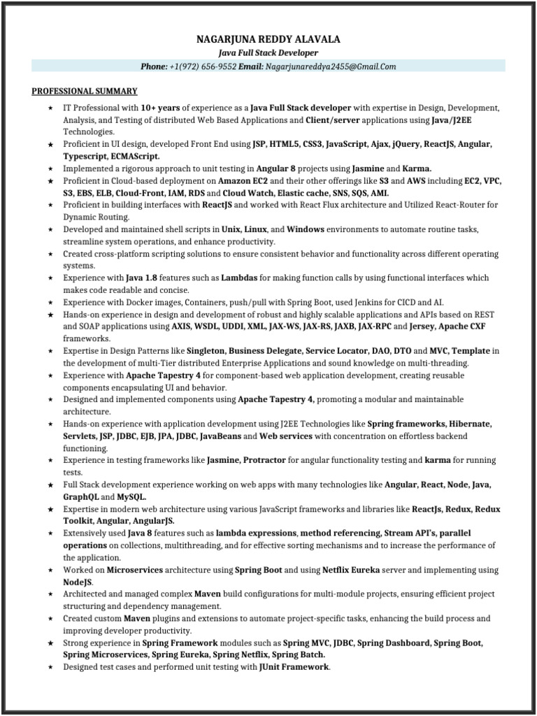 Java Full Stack Developer Resume | PDF | Spring Framework | Databases