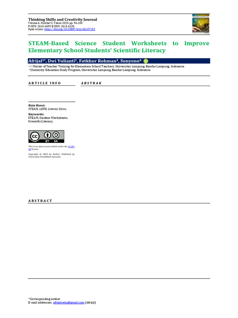 STEAM-Based Science Student Worksheets To Improve Elementary School ...