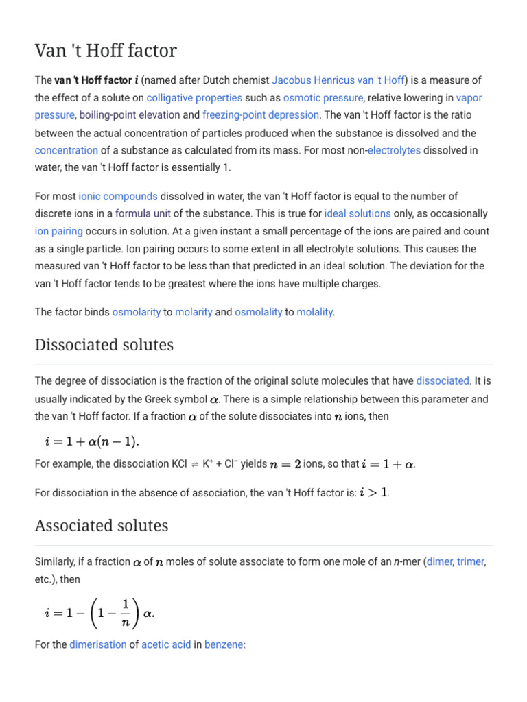 Understanding Van 't Hoff Factor | PDF | Dissociation (Chemistry ...