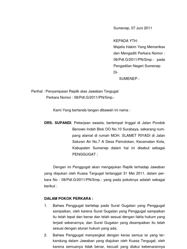 Contoh Surat Gugatan Wanprestasi Tanah Suratmenyuratnet