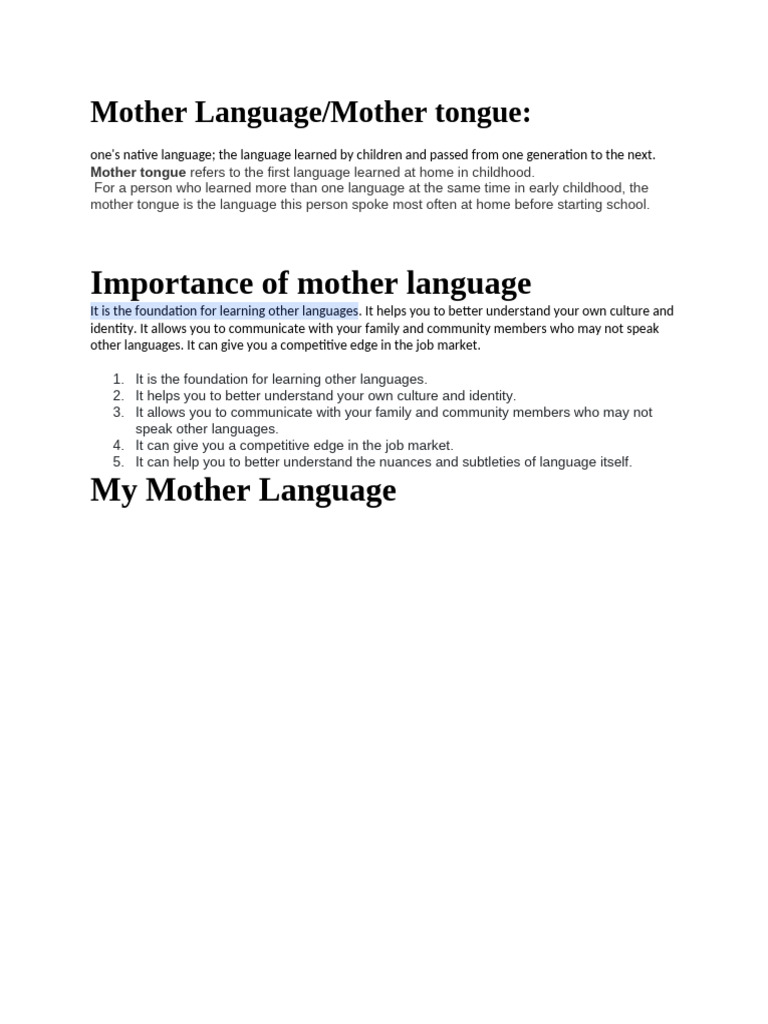 Mother Language | PDF