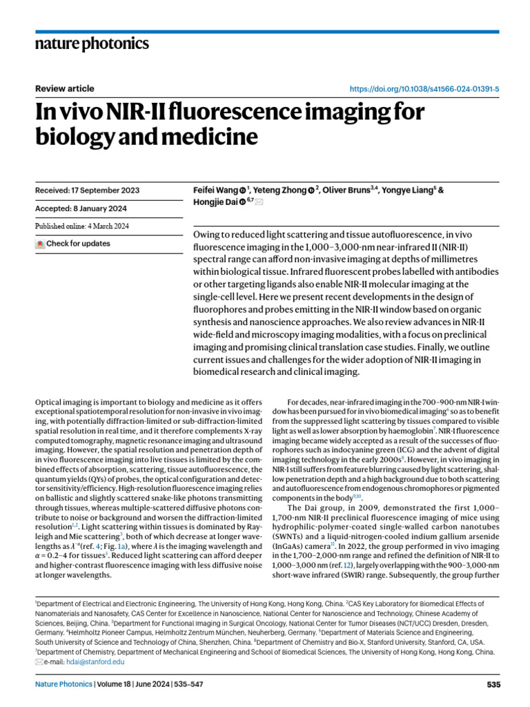 In vivo NIR-II fluorescence imaging for biology and medicine | PDF ...