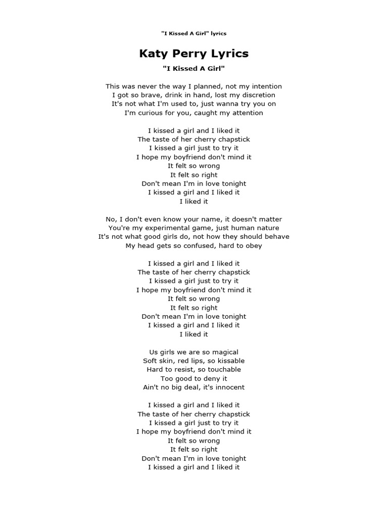 Katy Perry - I Kissed A Girl Lyrics | PDF