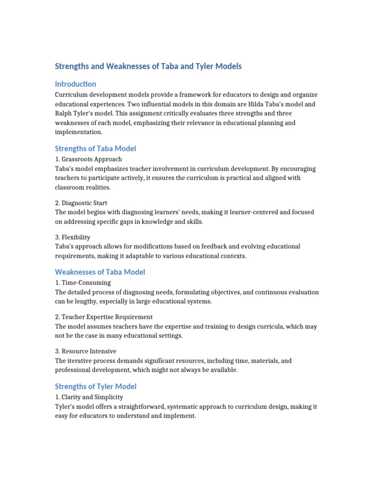 Taba vs. Tyler: Strengths and Weaknesses | PDF | Curriculum | Teachers
