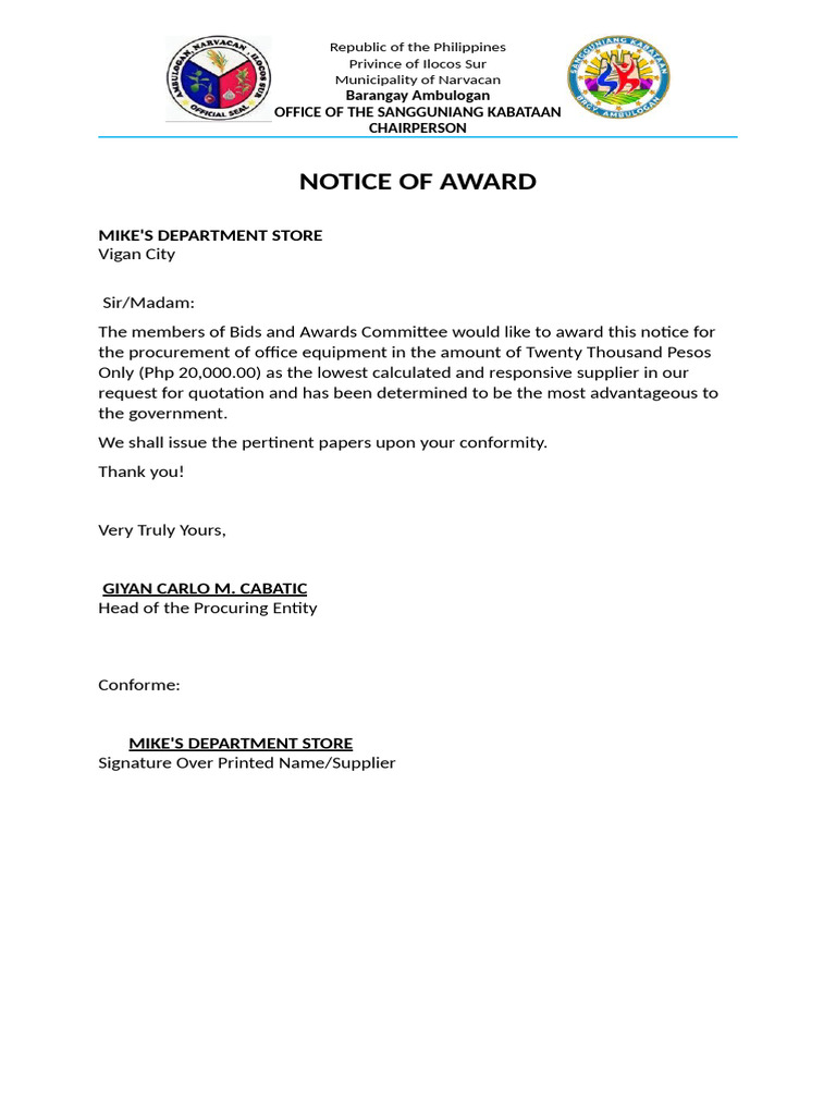 NOTICE OF AWARD. | PDF